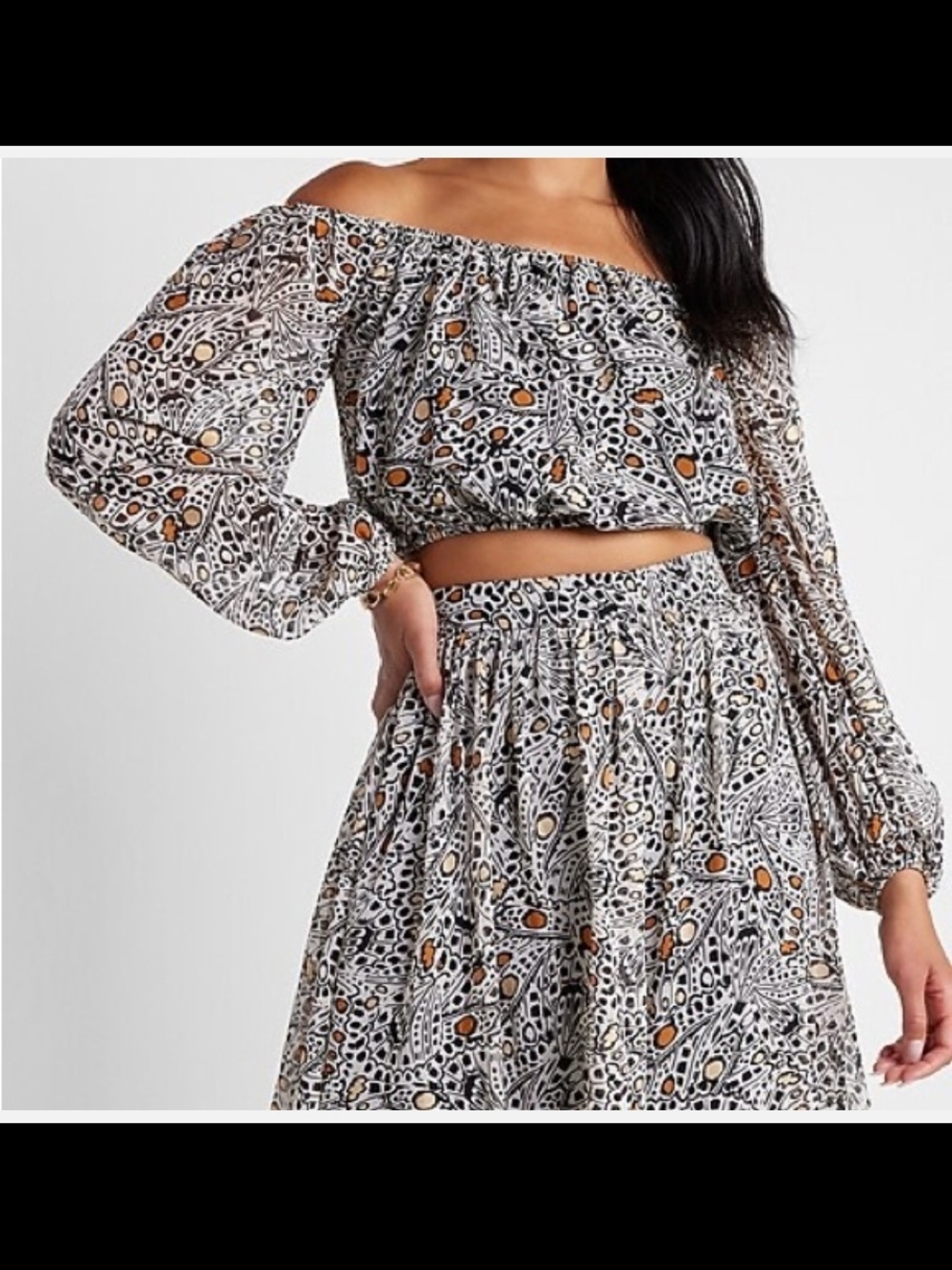 Express x Rachel Zoe Printed Blouse in Black, White, Rust & Gold
